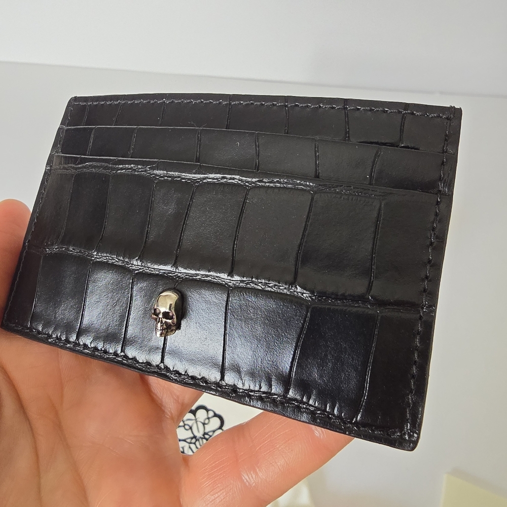 Alexander McQueen Skull Croc-Embossed Leather Card Holder Black - Picture 6 of 7